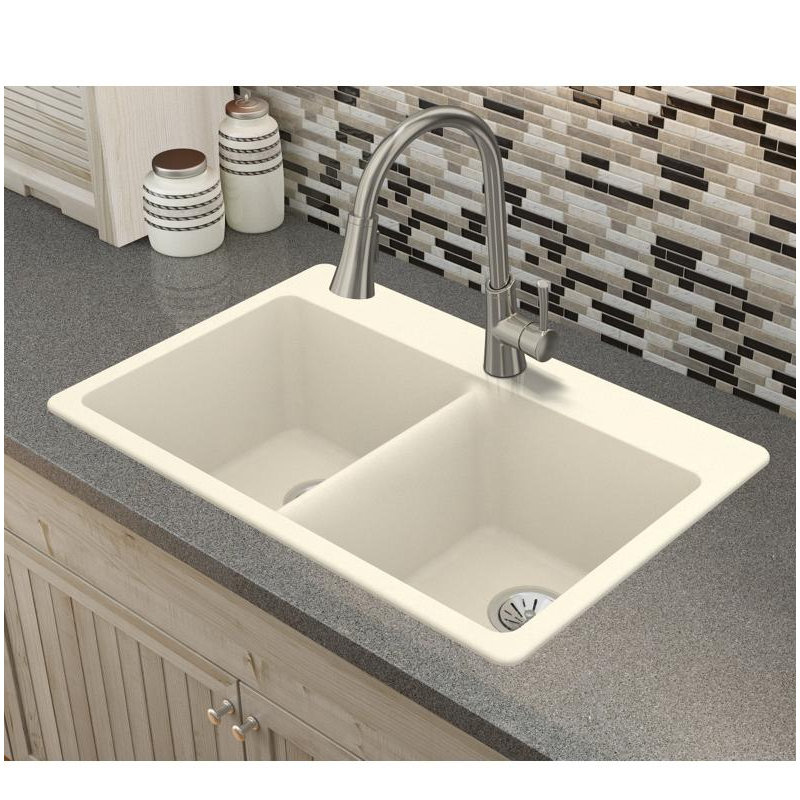 Quartz Luxe 33" L x 22" W Double Basin Drop-in Kitchen Sink, Parchment