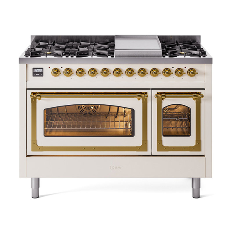 ILVE UN48FNMPEGG Nostalgie II Noblesse 48 inch Dual Fuel Range (8 Sealed Burners + Griddle, Triple Glass Door), Antique White