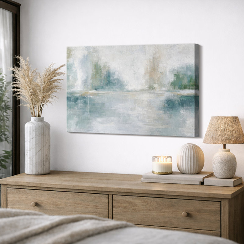 Abstrait doux bleu vert, paysage brumeux, images de salon serein, impression sur toile encadrée, H 32 po x l 48 po x P 1,5 po