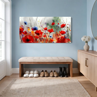 «Poppy Flower Field», aquarelle sur toile tendue, reproduction d'art sur toile, ensemble de 1