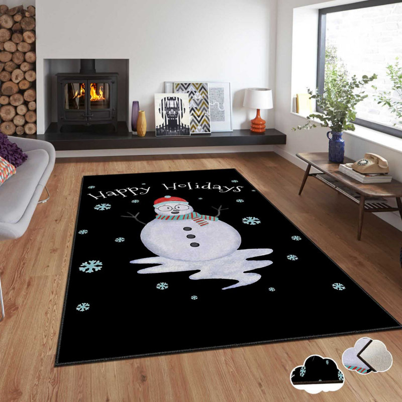 Tapis rectangulaire tissé à la machine en polyester noir / blanc, Rectangle 5 pi 11 po x 9 pi 2 po