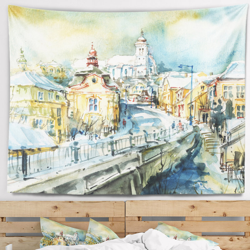 Tapisserie aquarelle paysage urbain, H 32 po x l 39 po