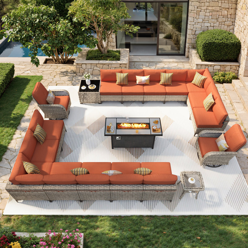 Emroy 16 - Person Outdoor Conversation Set,  Wicker Patio Seating Group with Cushions, All Weather Sectional Sofa Set with Fire Pit for Garden, Backyard
