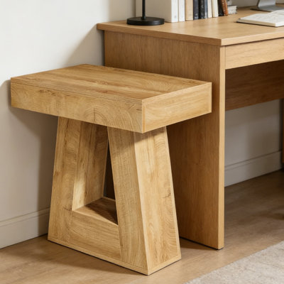 Modern Trapezoidal Geometric Base Side Table, Wood Grain End Table -Anti-Tip Stability, Easy to Clean, for Living Room & Bedroom