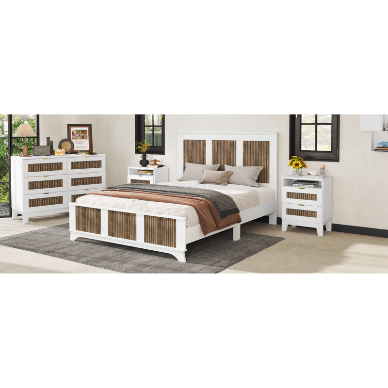 Grand lit plateforme en bois, blanc avec bande, lattes en contreplaqué, capacité de charge de 700 lb, sans splendeur de sommier moderne