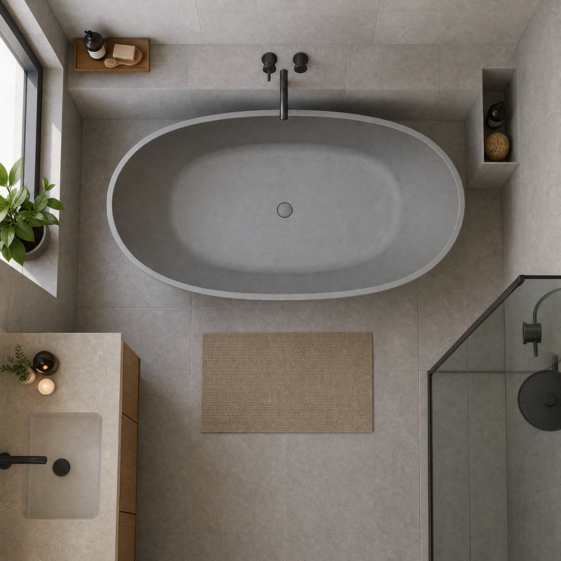 Baignoire de trempage autoportante en résine de 59 po à surface solide avec trop-plein et bonde escamotable 59 po
