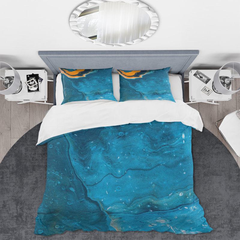 Composition abstraite de marbre en bleu et orange III - ensemble de housse de couette moderne - microfibre de polyester