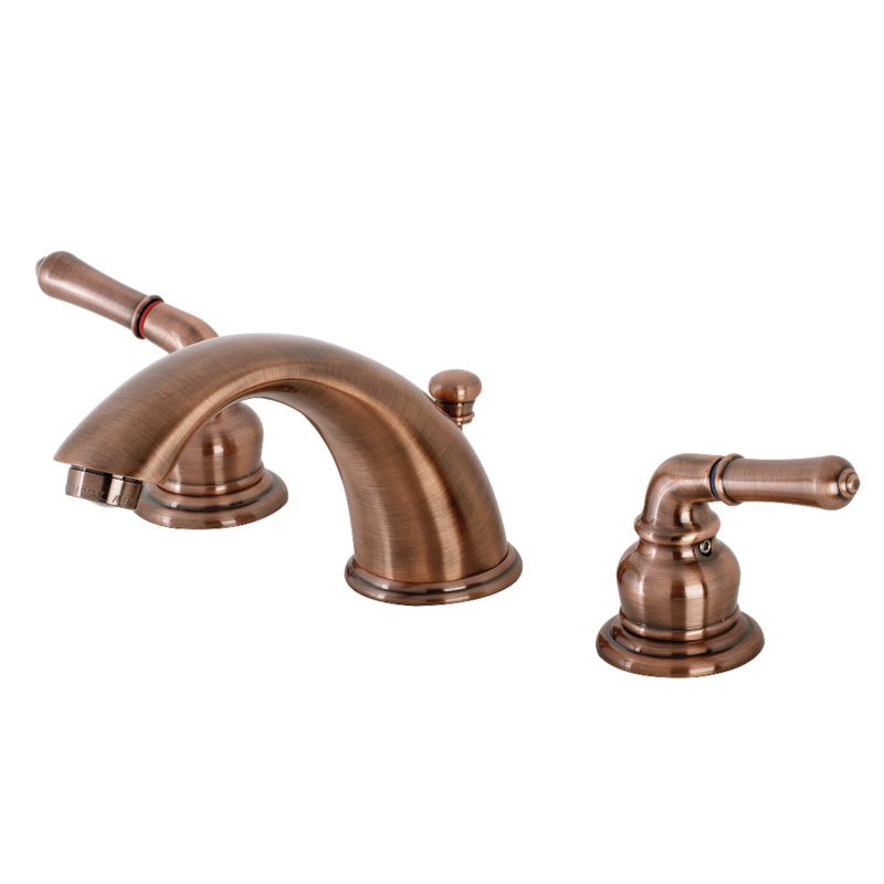 Kingston Brass Magellan Two-Handle 3-Hole Deck Mount Widespread Bathroom Faucet with Retail Pop-Up Drain, Antique Copper