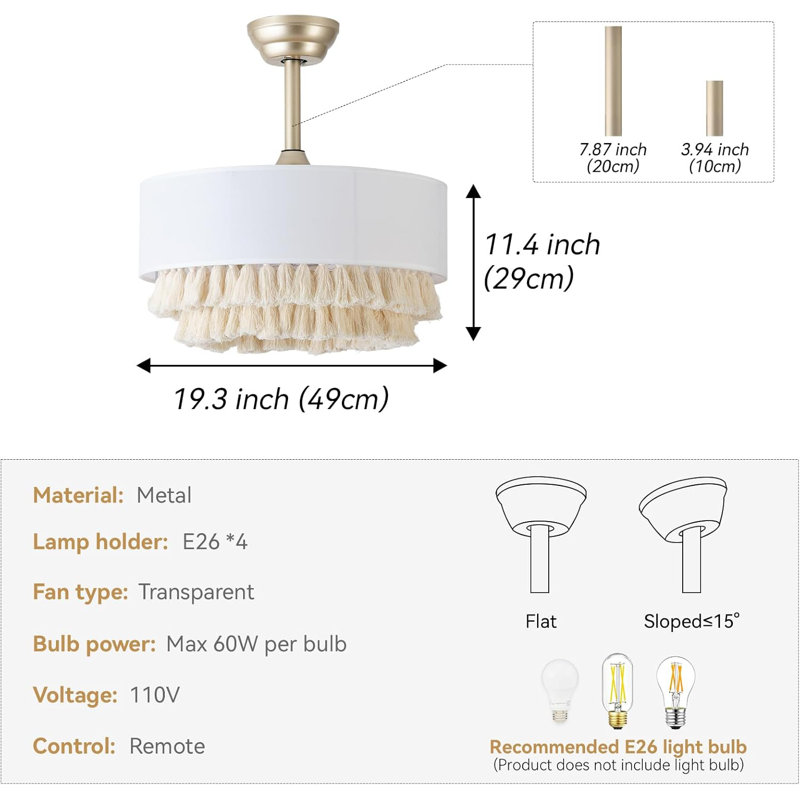 20" Fandelier Ceiling Fans with Lights, Boho Chandelier Ceiling Fan with Light Remote Control, 6-Speed for Bedroom, Living Room, Nursery
