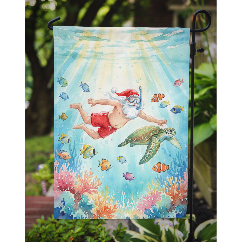 Père Noël en apnée avec une tortue de mer, drapeau du jardin de Noël, Taille du jardin, Santa Snorkeling with a Sea Turtle