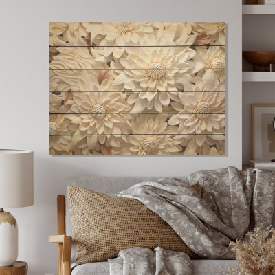 Minimalisme, Chrysanthèmes, collage floral blanc I - art mural en bois de chrysanthèmes sur bois de pin naturel