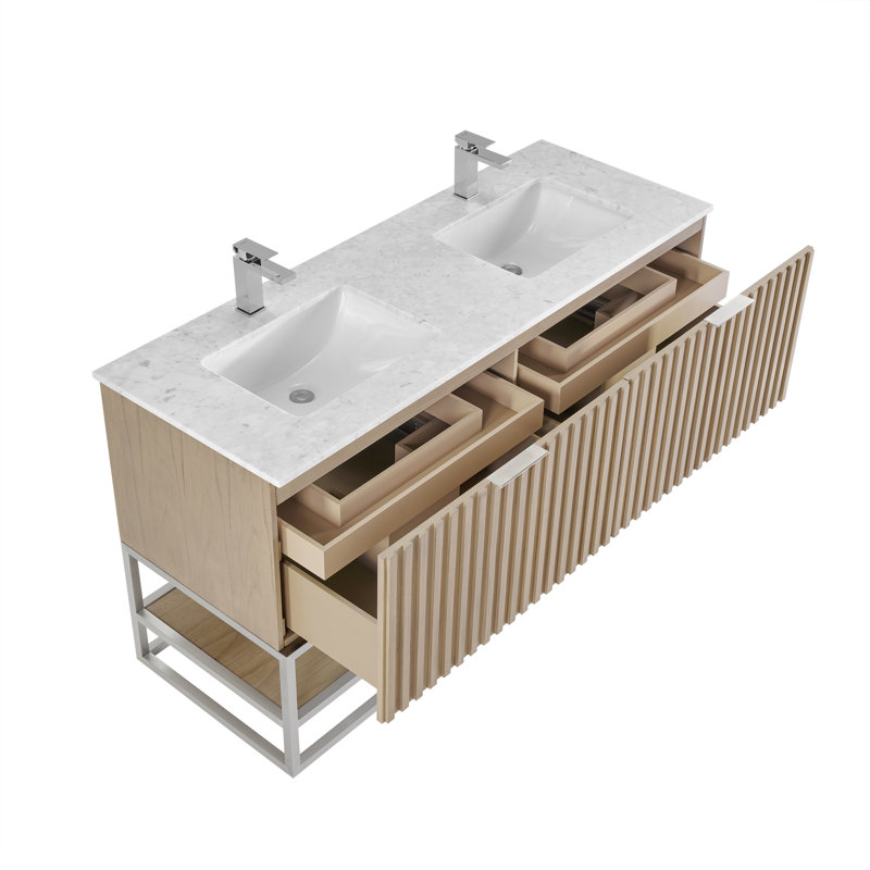 Terra 60'' Double Bathroom Vanity with Top, Carrara Marble/Single Faucet Mount, Cashmere Gray, Brushed Nickel