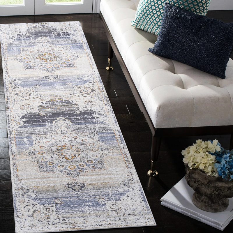 Loom & Collection 2X8 Area Rug In Cream/Gold Medallion - Non-Shedding, Stain , Fits Transitional Bedroom, Dining, Living Room Non-Shedding For Dining Room,