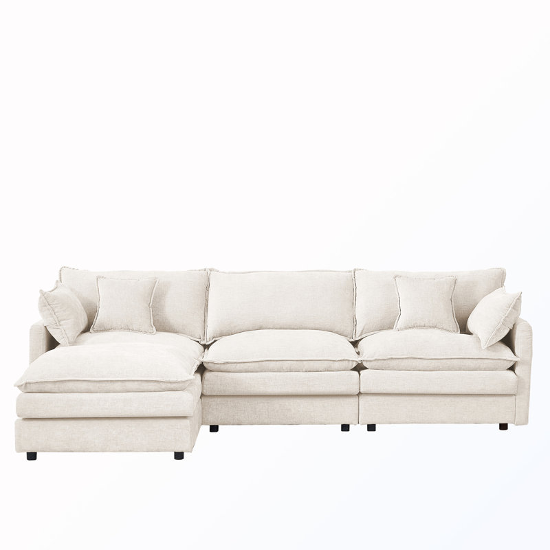 L-Shape Chenille Sectional Couches with Movable Ottoman, Beige Chenille