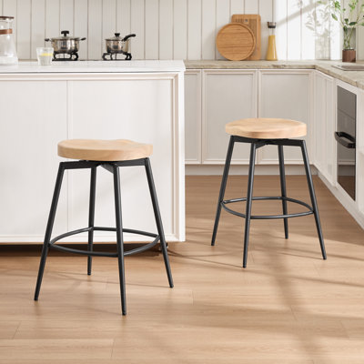 Albrecht 24.8"H Industrial Solid Wood Swivel Backless Counter Stools with Metal Base