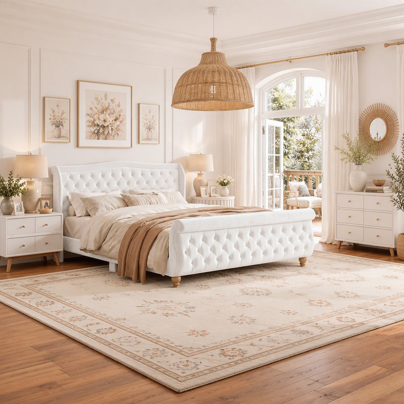 Structure de lit tapissier très grand en velours, cadre de lit plateforme avec tête de lit et pied de lit courbé capitonné, support de lattes en bois, aucun sommier nécessaire, beige