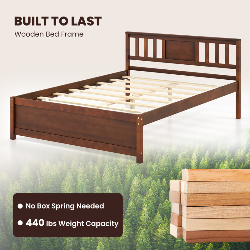Structure de lit avec support de lattes de bois de tête de lit sans sommier, Double, Brun