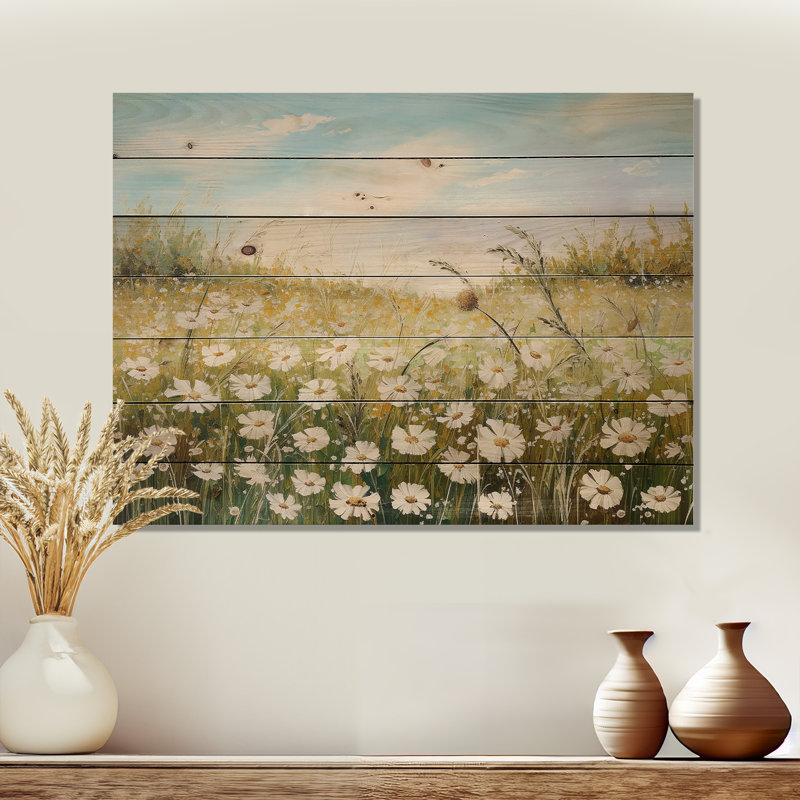 Fleurs de marguerites au soleil - Champ de fleurs, art mural sur bois de pin naturel, H 30 po x l 40 po