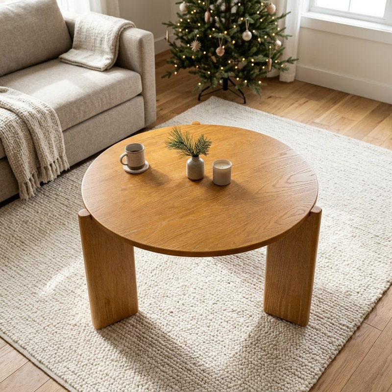 Table basse Claremont en bois d'hévéa massif pour le salon, table basse ronde en bois avec pieds solides pour la chambre