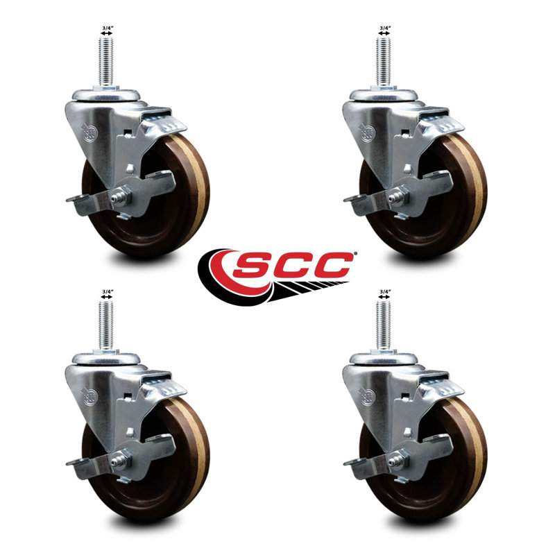 4 Inch_High Temp Phenolic 3/4 Inch_Threaded Stem Caster Set with Brake