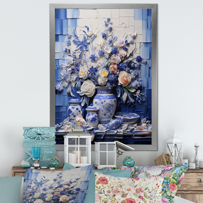 Art mural bleu et blanc Boho Flower Pottery III - Boho Pottery, H 32 po x l 24 po x P 1 po, Cadre photo argenté