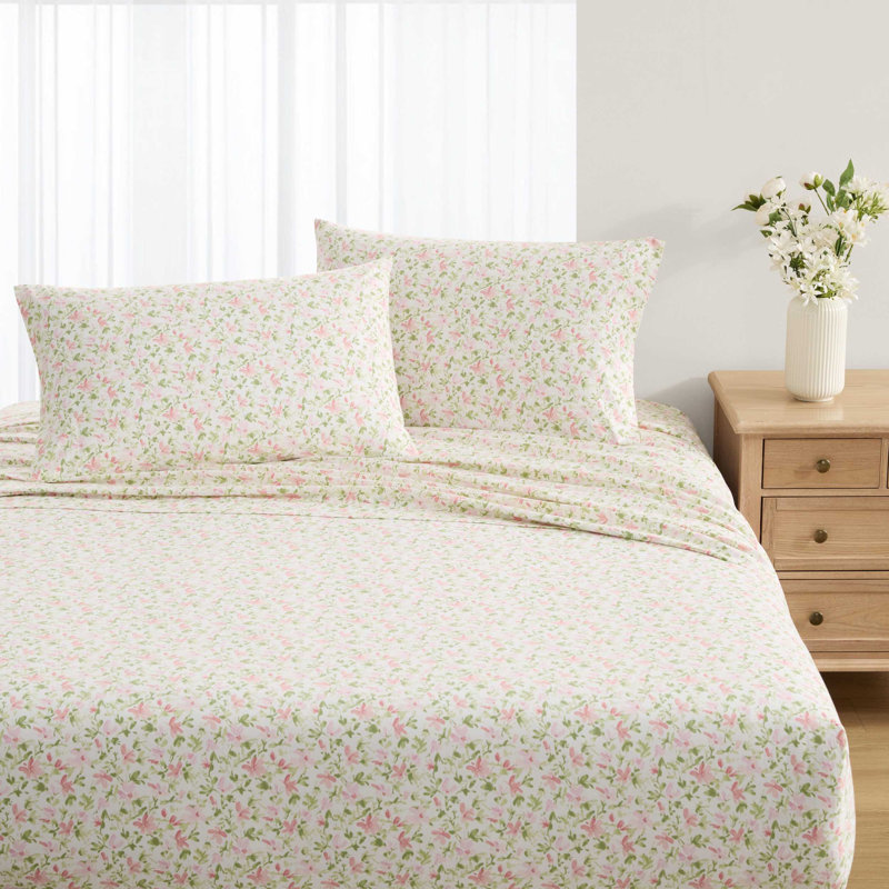 Laura Ashley Printed Cotton Percale Pillowcase Set, Norella Pink, King Pillowcase Set