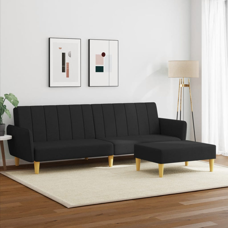 86.6'' Upholstered Convertible Sofa, Black Fabric, Natural