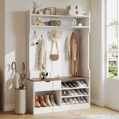 Hall Tree With Bench, Simple Style, White Embossed Wood Grain, 42.9x15.94x70.86 In by Lark Manor
