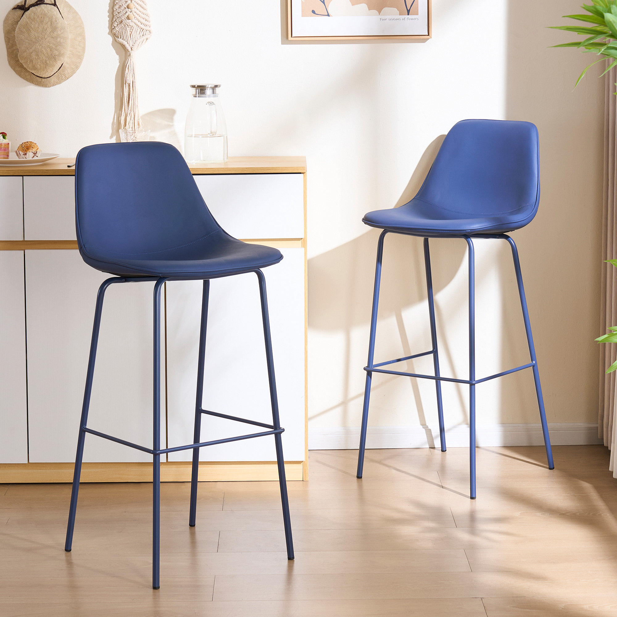 Kavi Upholstered Barstools, Navy Faux Leather, Bar Stool (30" Seat Height)