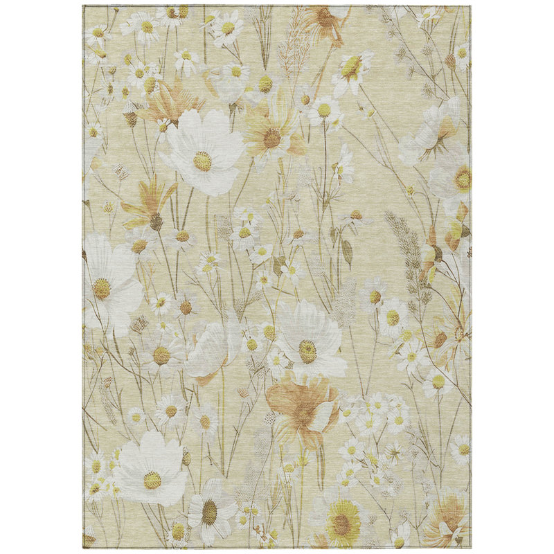 3' X 5' Wheat And Ivory Floral Washable Indoor Outdoor Area Rug