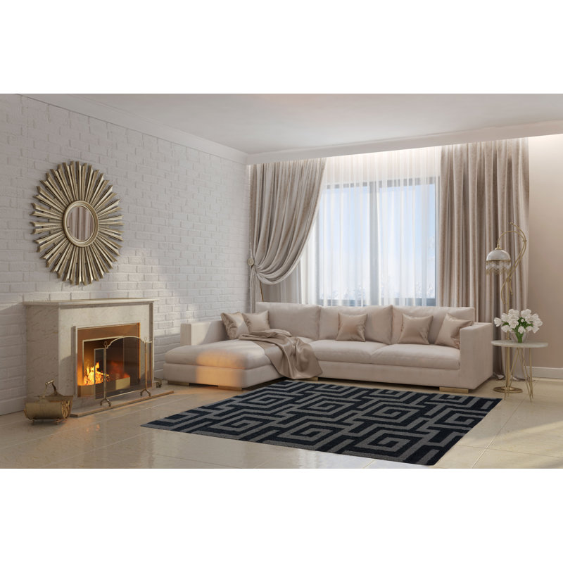 Gris géométrique/tapis décoratif noir Raminez, Rectangle 6 pi 6 po x 9 pi 6 po