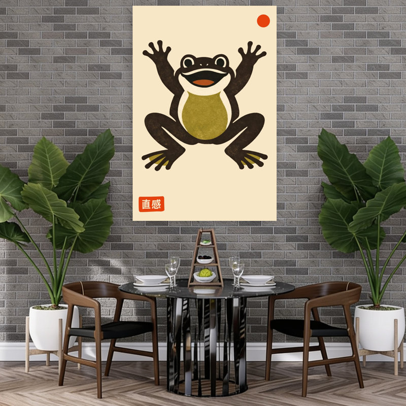 «Happy Frog», point rouge, espiègle, grenouille rétro, art mural, 60" H x 40" W