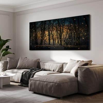 Extra Large Wall Art Fabric Print - Magical Firefly Night Forest, Enchanted Woodland Scene Artwork Decor for Living Room or Bedroom - "Frame Assembly Required (Unfinished Frame)"
