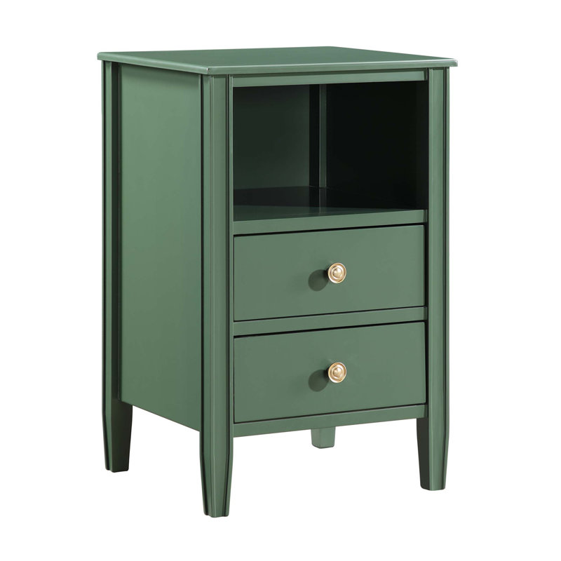 Table de chevet à 2 tiroirs avec tablette ouverte et pieds cannelés Winston, parfaite pour un décor de chambre à coucher élégant et pratique.
