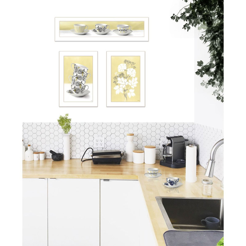 Tasse à thé et fleurs jaunes, ensemble de 3 vignettes encadrées pour décor de salon par House Fenway