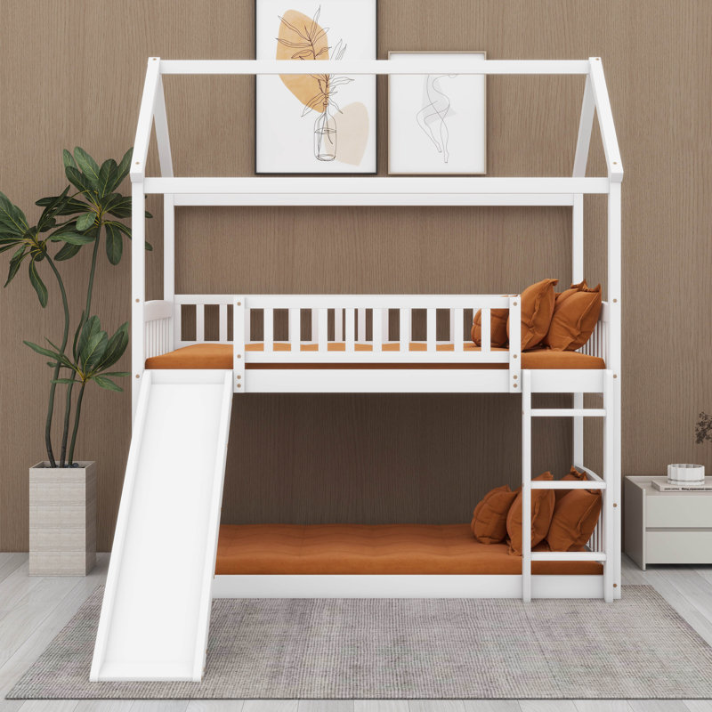 Lit superposé avec glissière et échelle convertible, Blanc
