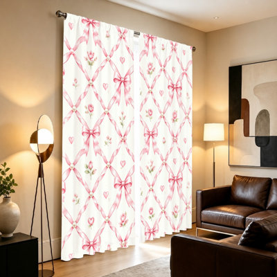 2 pièces de rideaux romantiques avec nœuds et roses, tissu filtrant la lumière, motif élégant et doux, protection de la vie privée, conception à passe-tringle, convient à la chambre des filles, à la chambre à coucher et à la décoration de la chambre de bébé