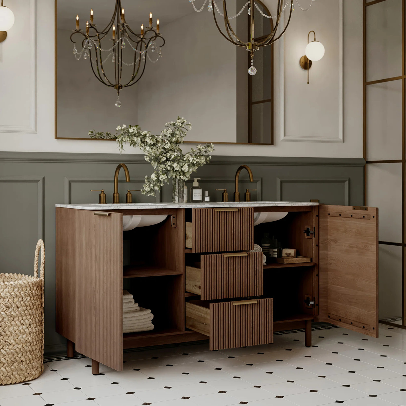 Nova 60" Double Bathroom Vanity Set, Brown Reeded