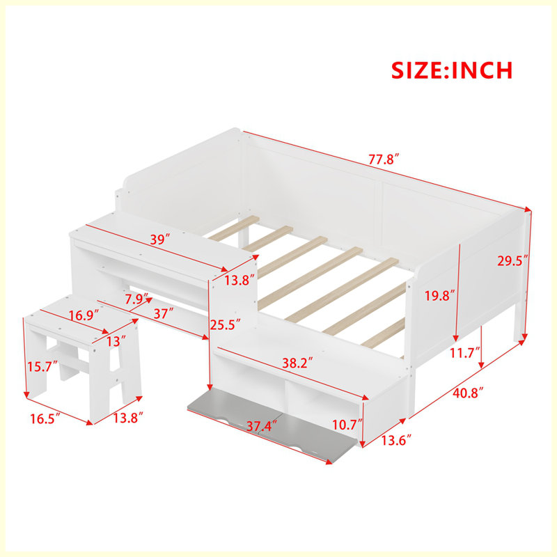 Wooden Twin Size Daybed with Storage Shelves and Lockers, Multi-functional Bed with Study Desk and Matching Stool, White