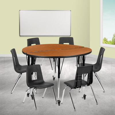 Mobile 47.5" Circle Wave Collaborative Laminate Activity Table Set With 16" Student Stack Chairs, Oak/Black