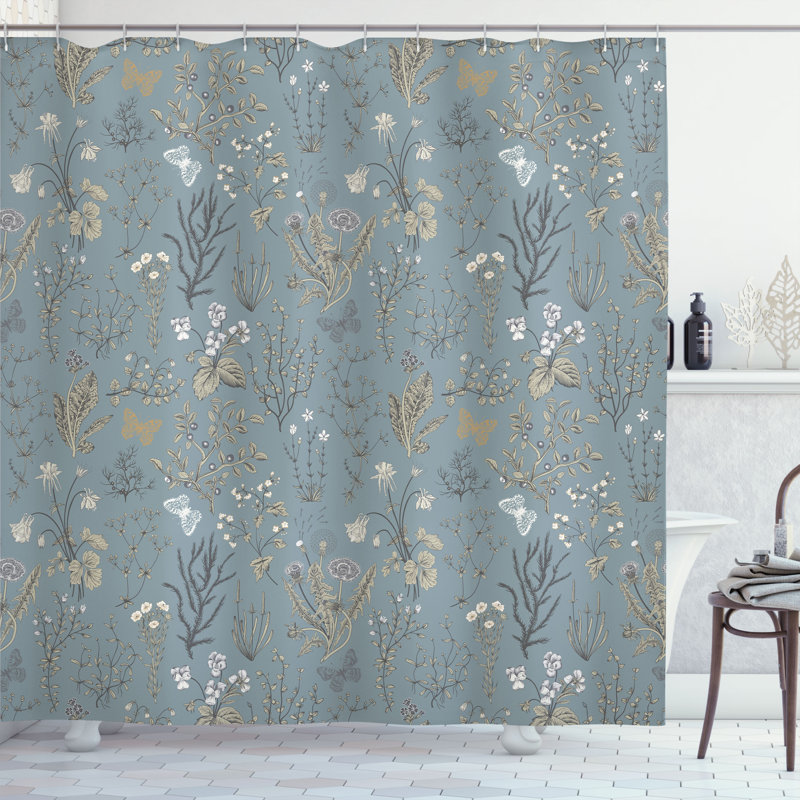 Dark Cadet Blue Floral Fabric Shower Curtain with Hooks