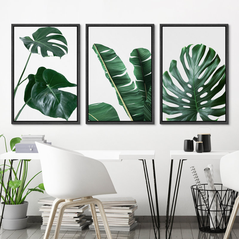 Minimal Botanical Vibrant Green Monstera and Banana Leaf Trio Botanical, H 36 po x l 72 po, Impression encadrée, Noir