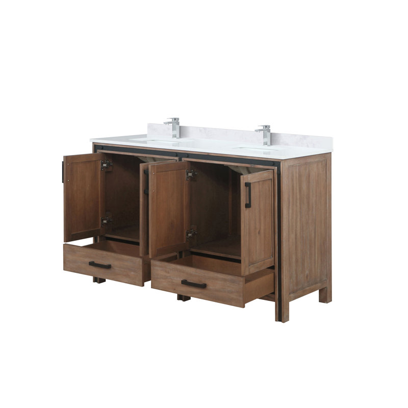 Ensemble de meuble-lavabo double l 60 po x P 22 po avec plateau blanc et robinet chromé Ziva, Blanc, Quartz blanc
