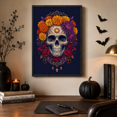 Tête de mort mexicaine avec motif soleil et toile murale d'Halloween aux fleurs colorées