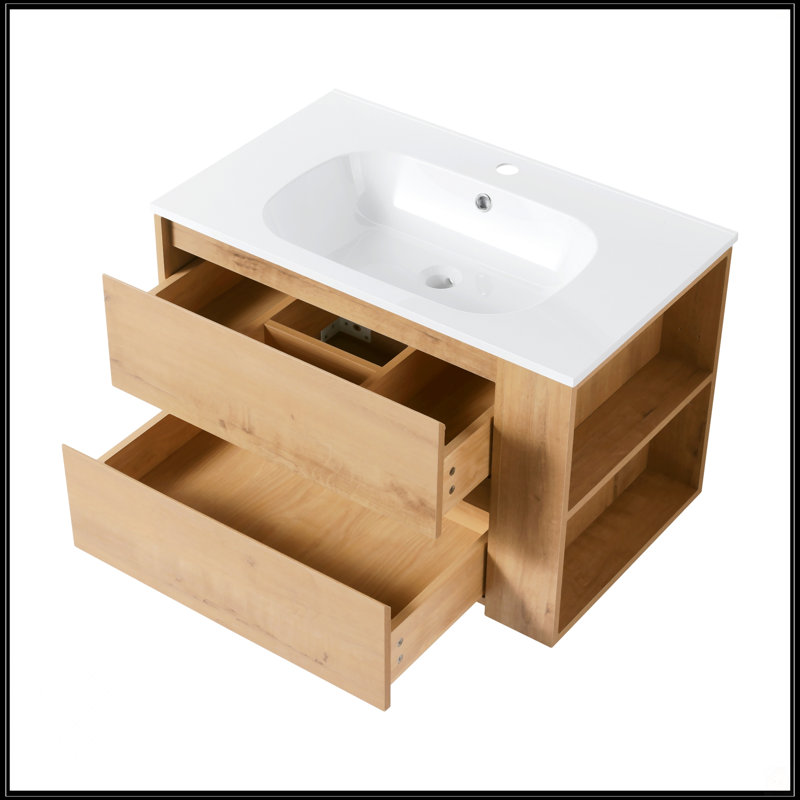 Meuble-lavabo mural 30 po avec lavabo en gel, Imitation chêne