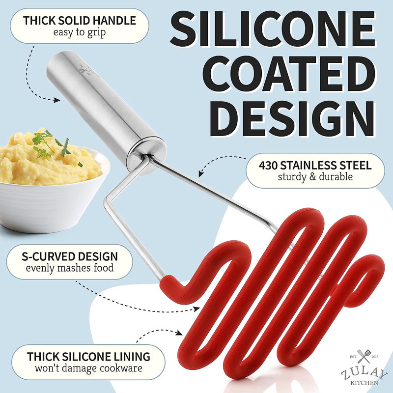 Bright Red Silicone Coated Stainless Steel Potato Masher
