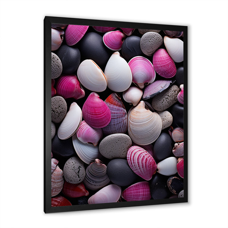 Collage de bord de mer rose, gris, rose, blanc et coquillages, Cadre photo noir, H 32 po x l 24 po x P 1 po