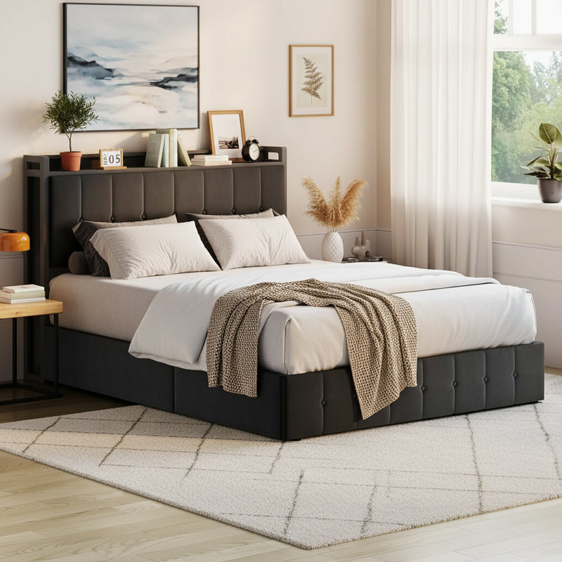 Structure de lit avec rangement relevable et tête de lit avec rangement, Noir, Très grand lit