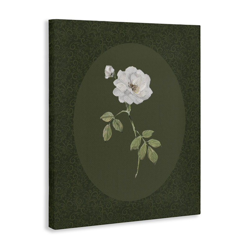 Rose blanche sur toile émeraude, design par Sally Swatland, H 48 po x l 36 po