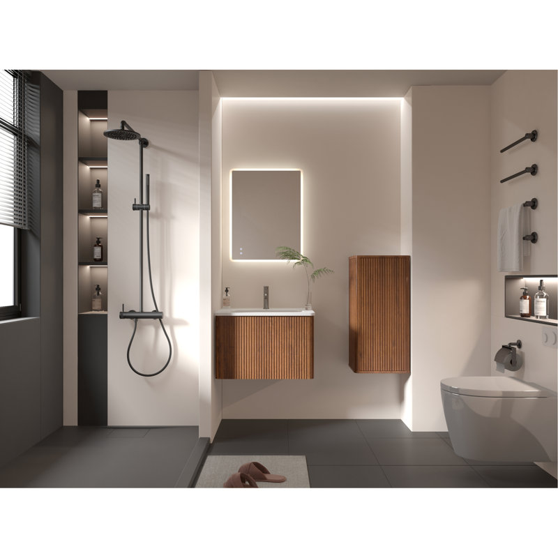 Armoire de salle de bain latérale, aspect noyer rayé, porte à ouverture par pression, intérieur à tablettes pour rangement organisé, coffre-fort courbé, armoire flottante en bois d'ingénierie, texture, design intérieur soigné,
